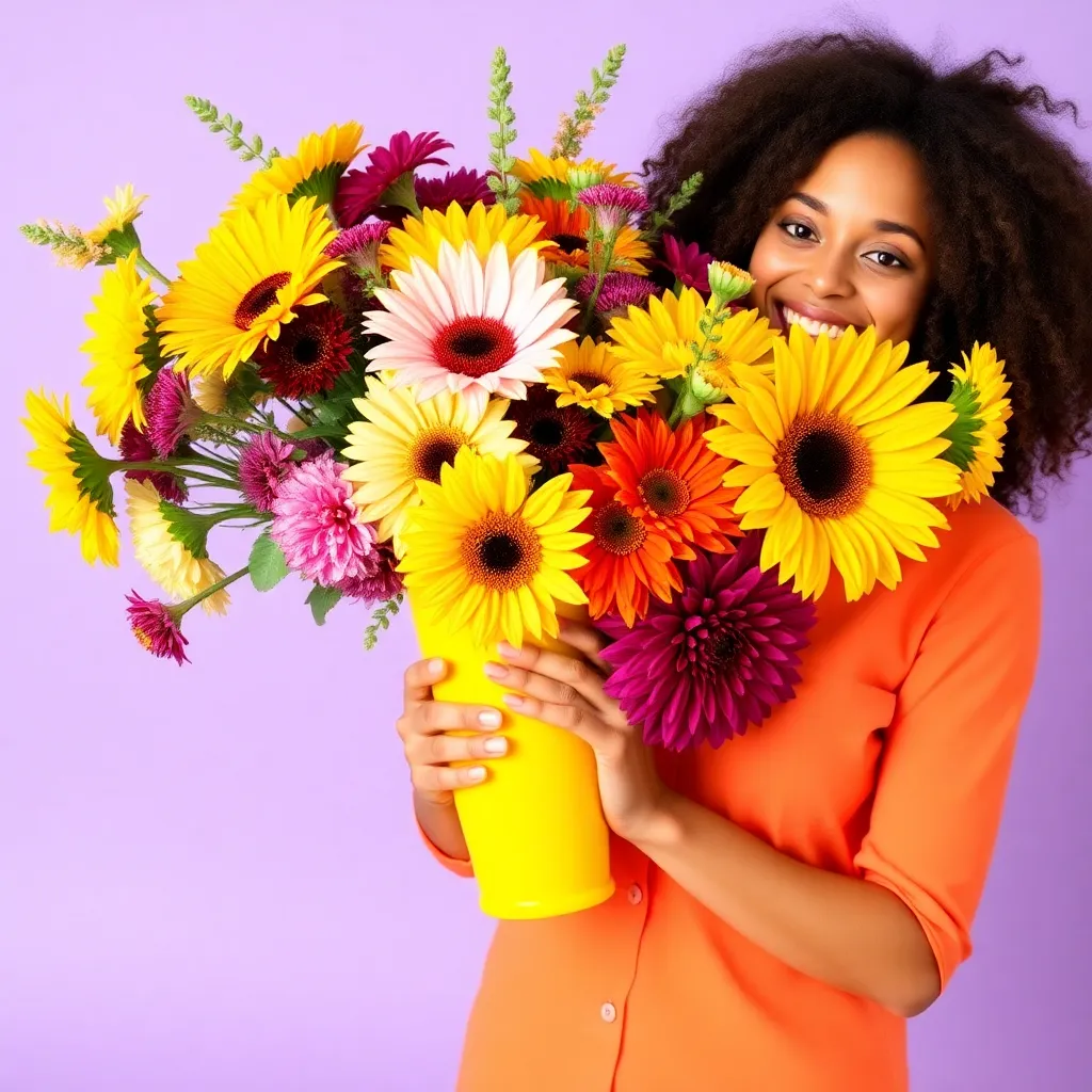 A woman with curly hair wearing a bright orange button-up shirt, smiling and holding a yellow vase filled with colorful flowers including sunflowers, dahlias, and other vibrant blooms. She is against a light purple background.